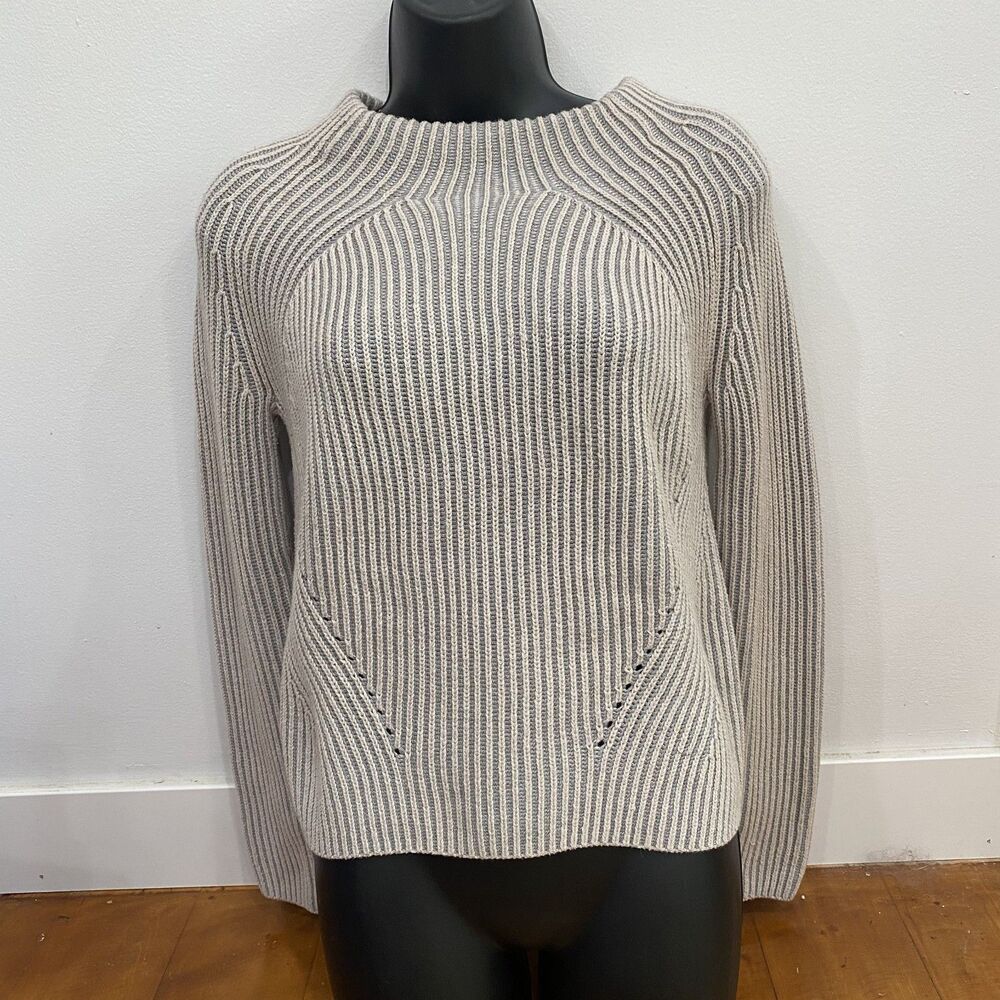 Athleta Rockland Textured Rib Knit Sweater Womens Size XS Slight Crop Blue/Cream